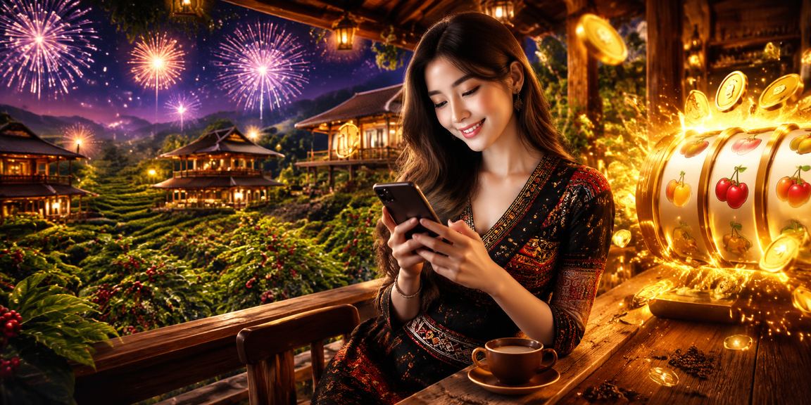 Người dùng tại Buôn Ma Thuột chơi slot game trong quán cà phê với không khí thư giãn